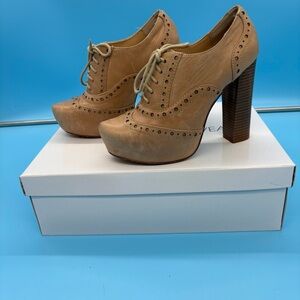Report Leather Tan Lace Up Oxford Chunky Heels Retro Shoes Women Bootie Tan 6.5